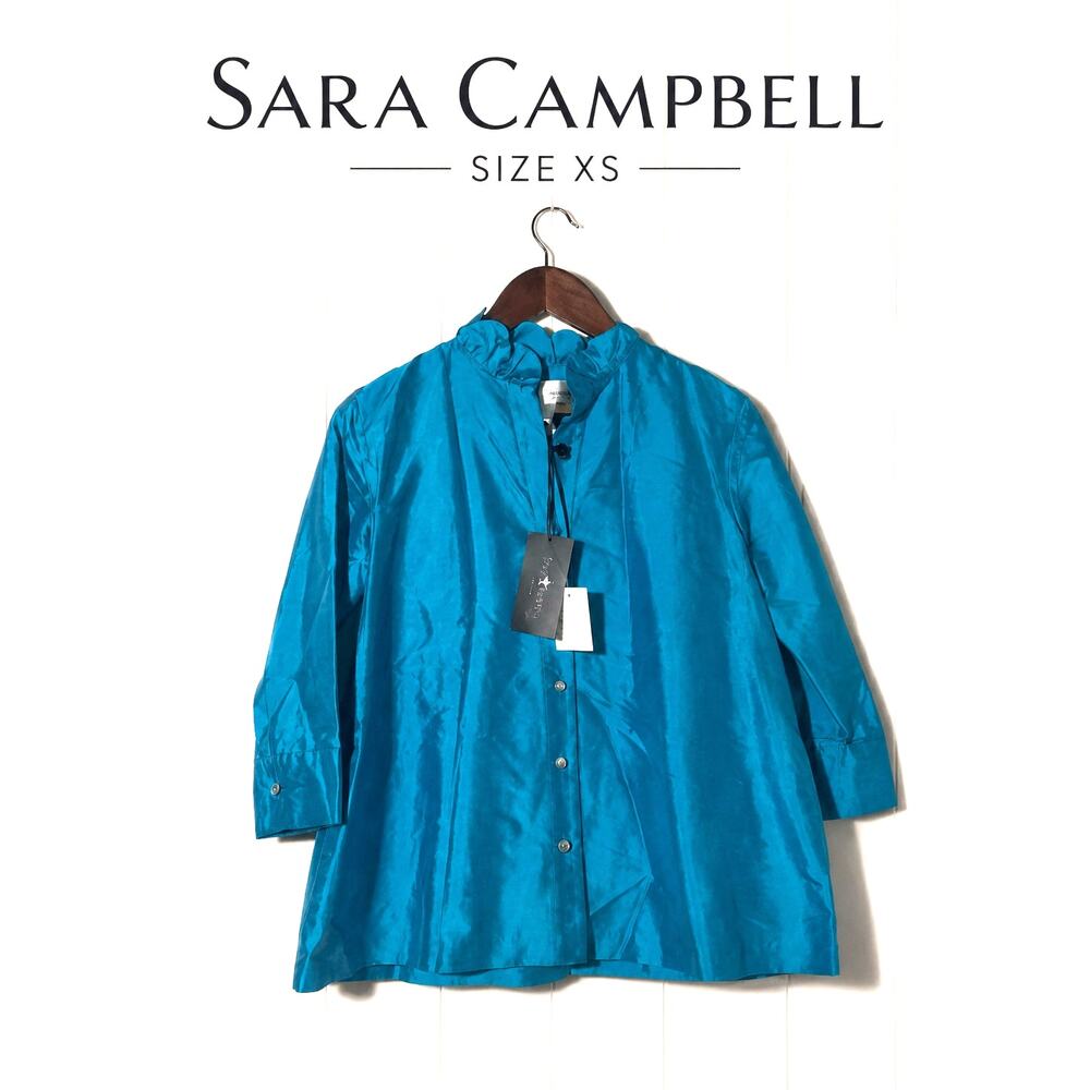 Sara Campbell XS NWT Tallulah Silk Tunic Cerulean Blue Ruffle Collar USA